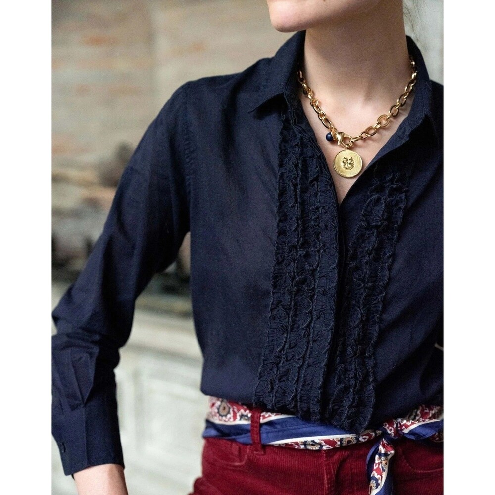 Voyageur by MERSEA Tuxedo Ruffle Shirt Top Buttondown Formal Navy XL 286247